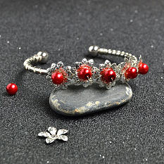 Flower Bangle with Red Pearl Beads