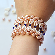 Pink Pearl Beads and White Glass Bugle Beads Cuff Bracelet