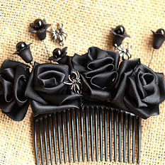 Halloween Black Ribbon Flower Hair Comb