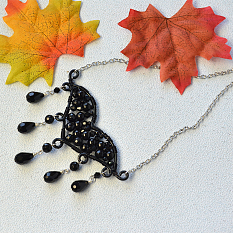 Wire Wrapped Bat Pendant Necklace with Black Beads