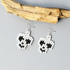 White and Black Seed Bead Stitch Skull Earrings for Halloween