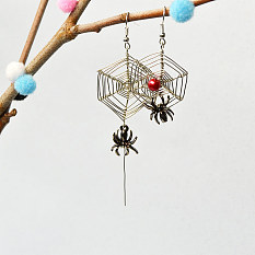 Wire Wrapped Web and Spider Drop Earrings for Halloween