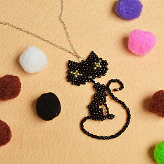 Lovely Cat Pendant Necklace with Black Seed Beads