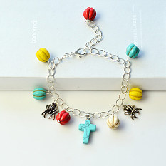 Pumpkin Turquoise Beads Charm Bracelet with Spider Pendants
