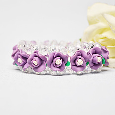 Purple Flower Polymer Clay Beads Bracelet with Crystal Glass Beads