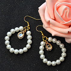 White Pearl Beads Hoop Earrings with Rhinestone
