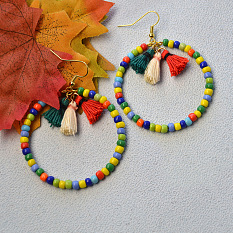 Hawaii Style Colorful Seed Beads Hoop Earrings with Cotton Tassels