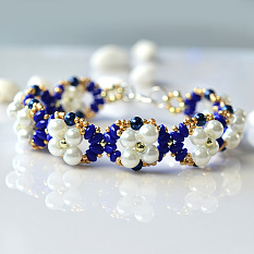 Blue Double Hole Beads Bracelet with Pearl