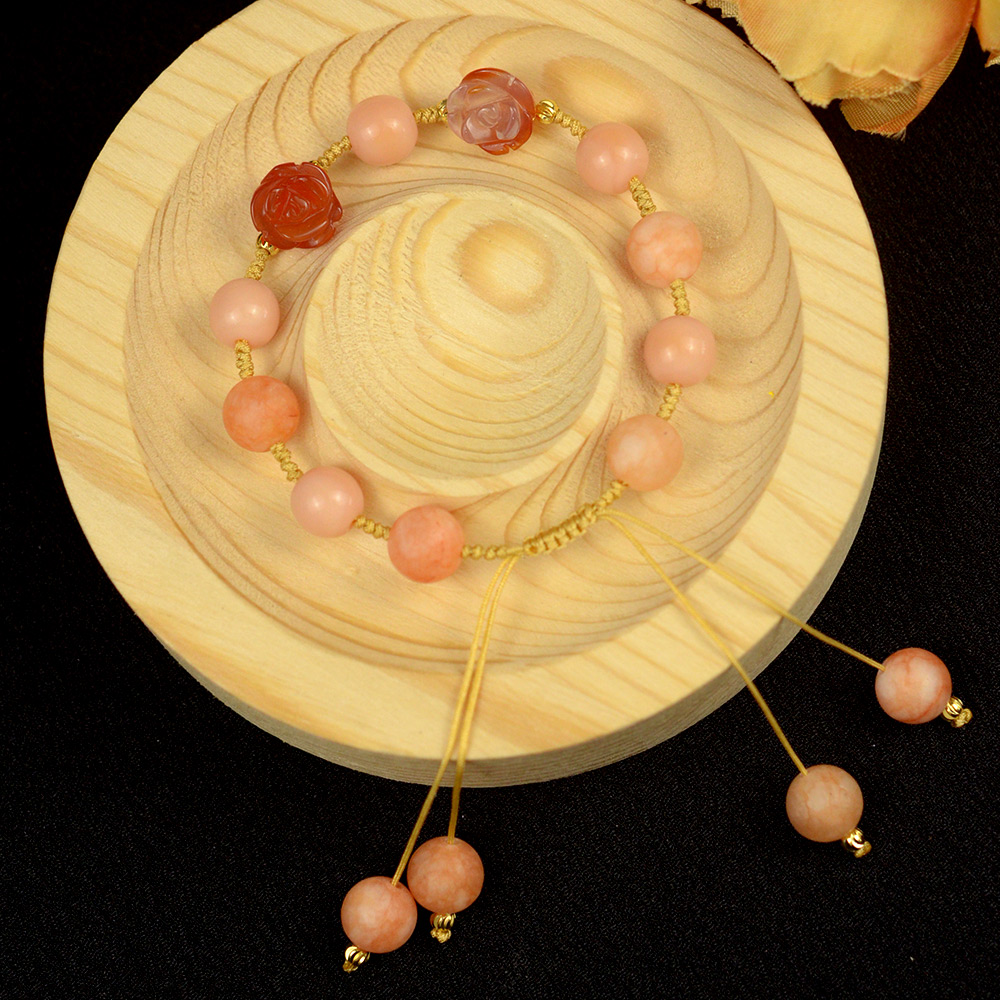 Розовый браслет из плетеной веревки с драгоценными камнями-6