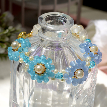 Браслет-цветок из бисера кошачий глаз-8