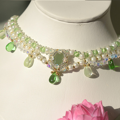 Ожерелье из свежего зеленого драгоценного камня с жемчугом-6