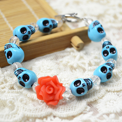 Cool Flower Skull Beads Bracelet-1