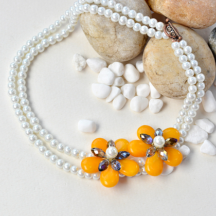 Double Strand Pearl Necklace with Orange Flowers-1