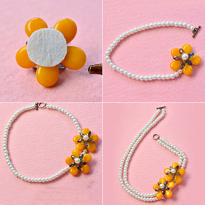 Double Strand Pearl Necklace with Orange Flowers-5