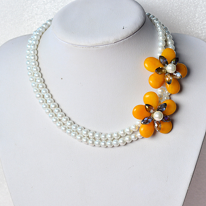 Double Strand Pearl Necklace with Orange Flowers-6
