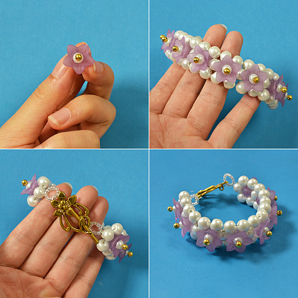Braccialetto con fiori in acrilico viola e perle-4