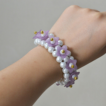 Braccialetto con fiori in acrilico viola e perle-5