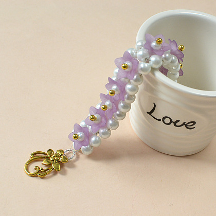 Braccialetto con fiori in acrilico viola e perle-6