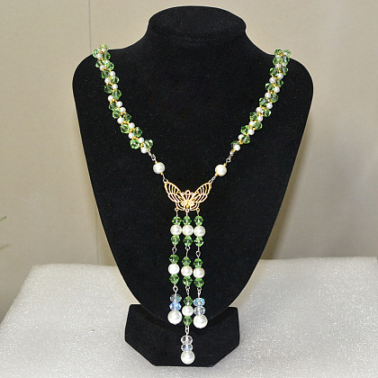 Green Glass Bead Necklace with Long Bead Tassels-1