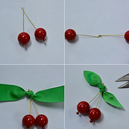 Красная брошь вишня из бисера с зеленой лентой-3