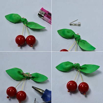 Красная брошь вишня из бисера с зеленой лентой-4