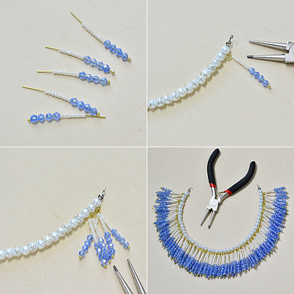 Blue Tassel Necklace with Gold Chains and Pearls-4
