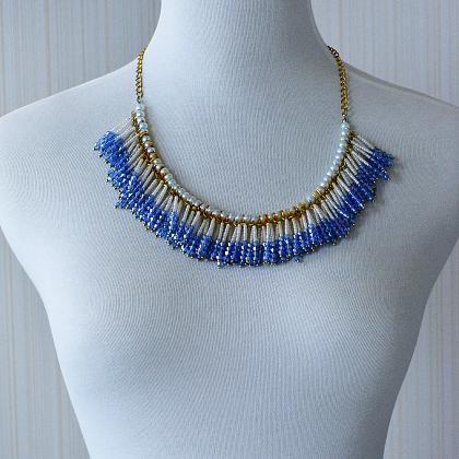 Blue Tassel Necklace with Gold Chains and Pearls-6
