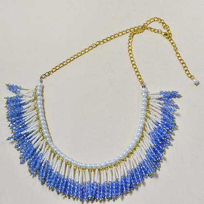 Blue Tassel Necklace with Gold Chains and Pearls-7