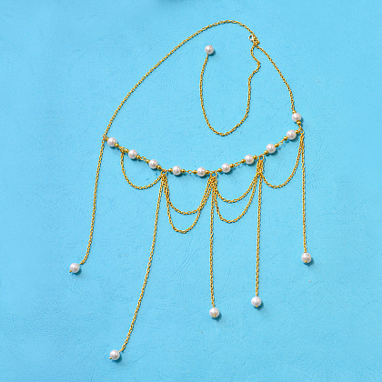 Tocado de cadena dorada con perlas decoradas-6