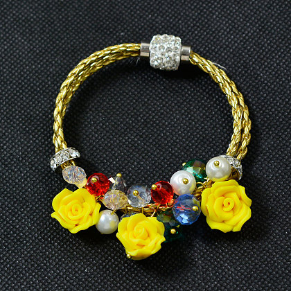 Bracelet cordon en cuir jaune avec perles fleurs-5