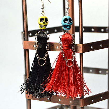 Halloween Skull Bead Earrings with Tassels-6
