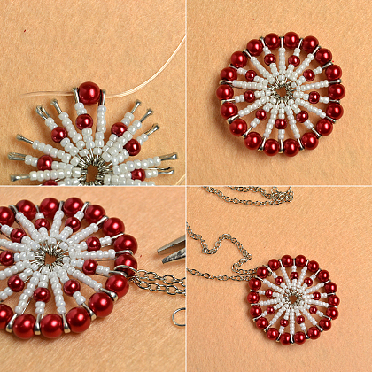 Red Pendant Necklace with Pearl Beads and Seed Beads-4