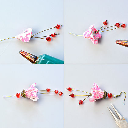 Ribbon Flower Beaded Dangle Earrings-4
