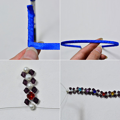 Perles de verre et bandeau en ruban bleu-4