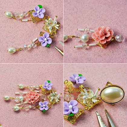 Boucles d'oreilles clous fleurs avec perles pendantes-5