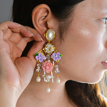 Flower Stud Earrings with Drop Beads-6