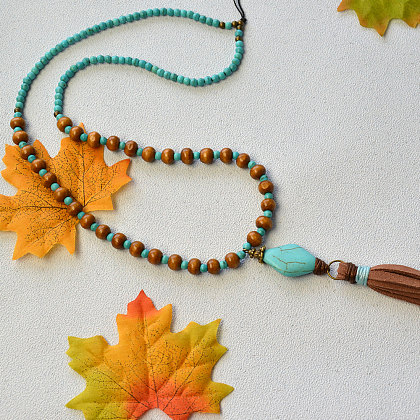 Wood and Turquoise Beaded Tassel Necklace-1