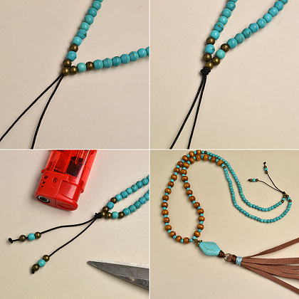 Wood and Turquoise Beaded Tassel Necklace-5