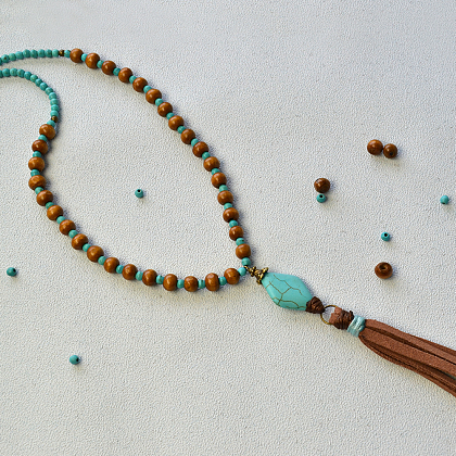 Wood and Turquoise Beaded Tassel Necklace-6
