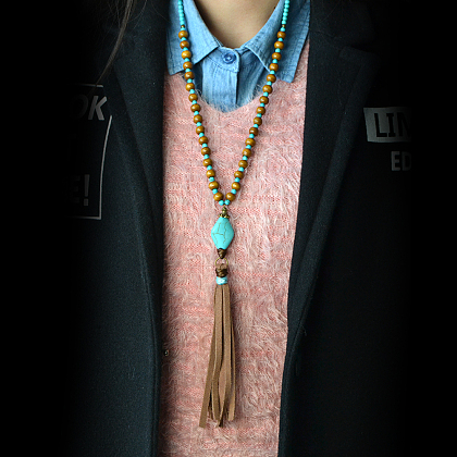 Wood and Turquoise Beaded Tassel Necklace-7
