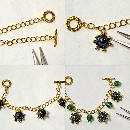 Bracelet à breloques en perles de verre vert-6