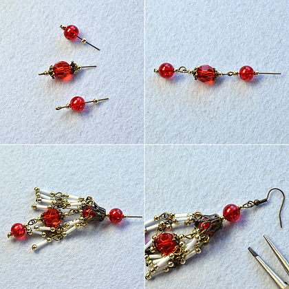 Boucles d'oreilles pendantes en perles de verre rouges de style vintage-4