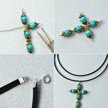 Collier pendentif croix simple avec perles turquoise-4
