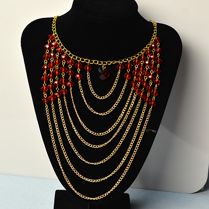 Multi Strands Red Glass Beads Chain Necklace-1