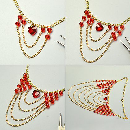 Collier chaîne de perles de verre rouge multi brins-4