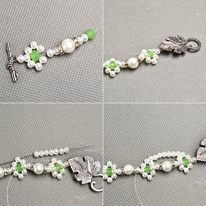 Conjunto de joyas con pulsera de perlas y pendientes de hojas.-5