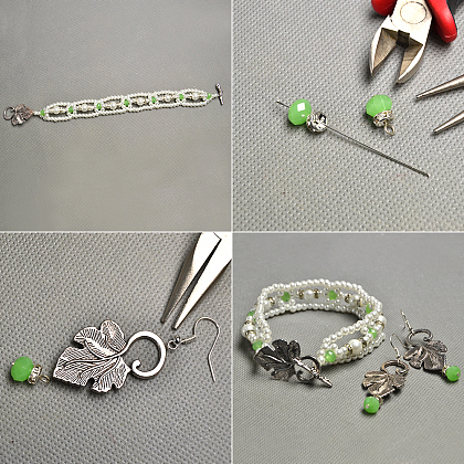 Set di gioielli con braccialetto di perle e orecchini a foglia-6