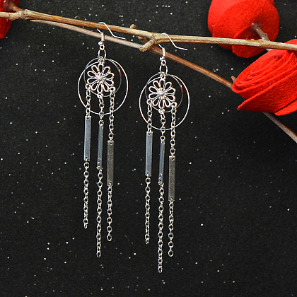 Flower Dangle Earrings with Silver Chain Tassels-1