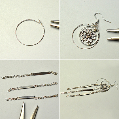 Flower Dangle Earrings with Silver Chain Tassels-3