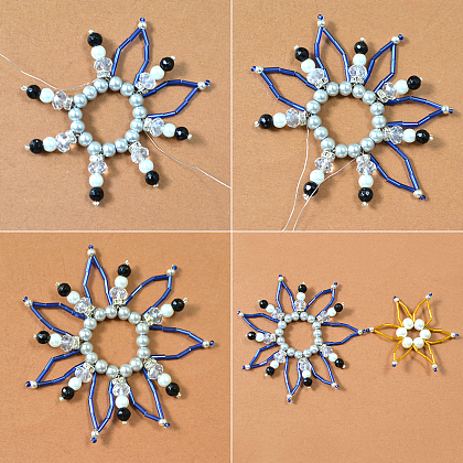 Bezaubernde Blumenbrosche aus blauen und gelben Perlen-7